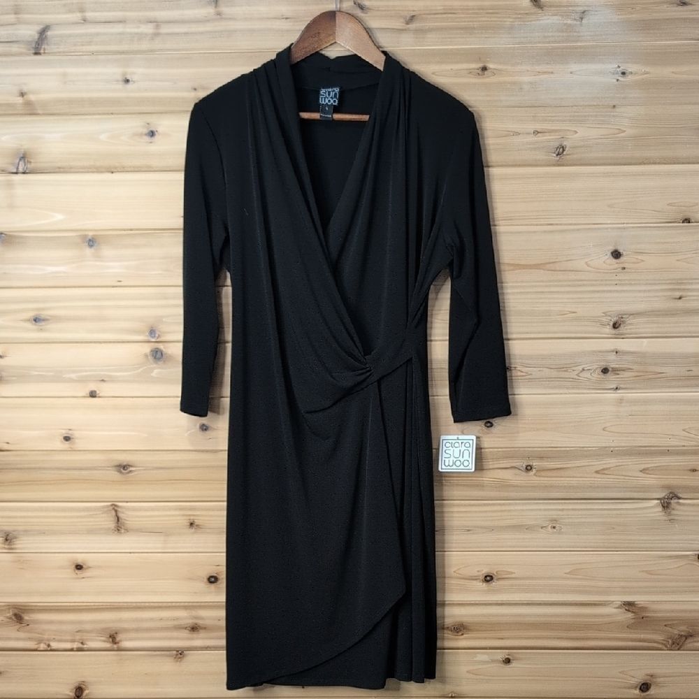 Clara Sun Woo Dress‎ Womens Large Black Faux Wrap Style NWT